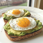 Avocado toast with eggs served on whole grain bread