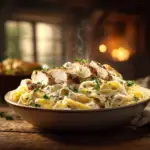 easy chicken alfredo in a bowl with creamy sauce