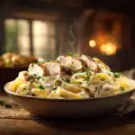 easy chicken alfredo in a bowl with creamy sauce