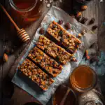 Homemade granola bars sliced on parchment paper