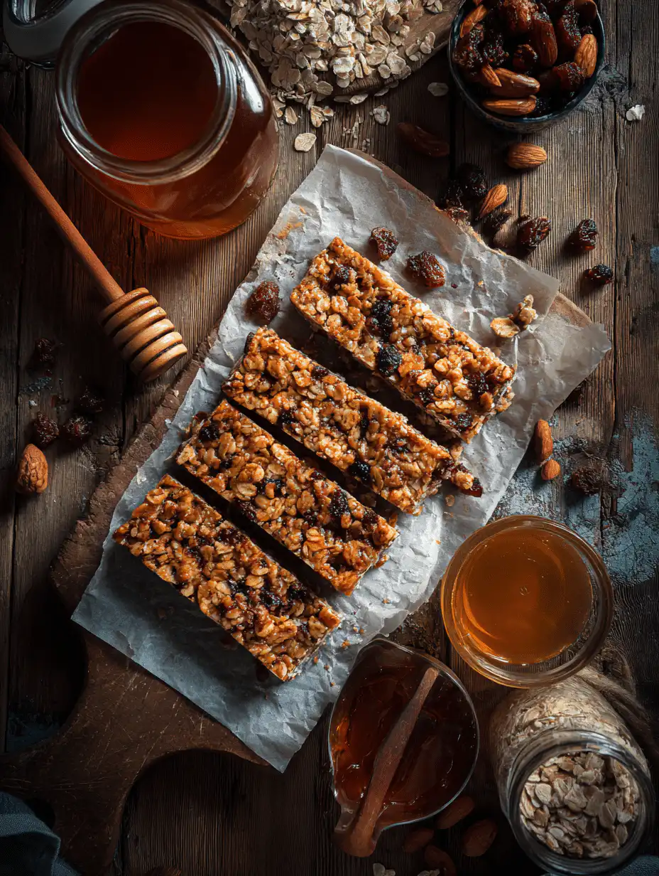 Homemade granola bars sliced on parchment paper