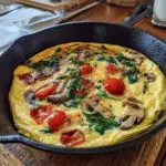 Loaded veggie omelette in skillet on rustic breakfast table