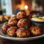 crispy sauerkraut balls on a plate with mustard dip