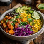 sweet potato taco bowl with avocado and black beans