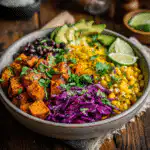 sweet potato taco bowl with avocado and black beans