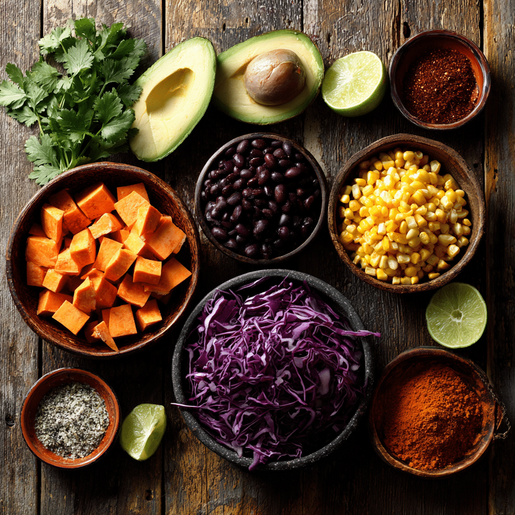 sweet potato taco bowl ingredients flat lay