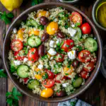 Mediterranean quinoa salad served in a rustic bowl