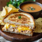 Served tuna melt sandwich with pickles and tomato soup