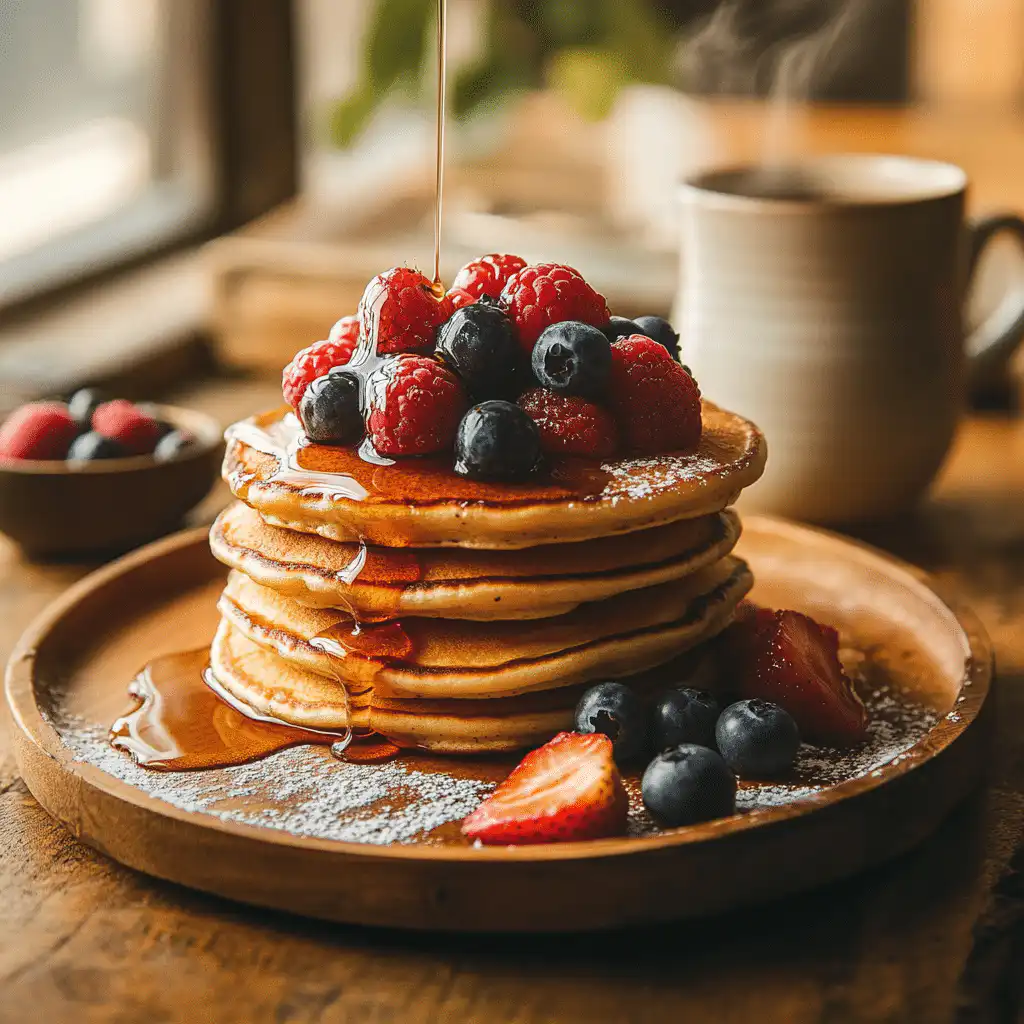 Fluffy Pancakes with Maple Syrup & Fresh Berries
