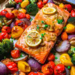 One-pan garlic butter salmon roasted with carrots, green beans, and lemon