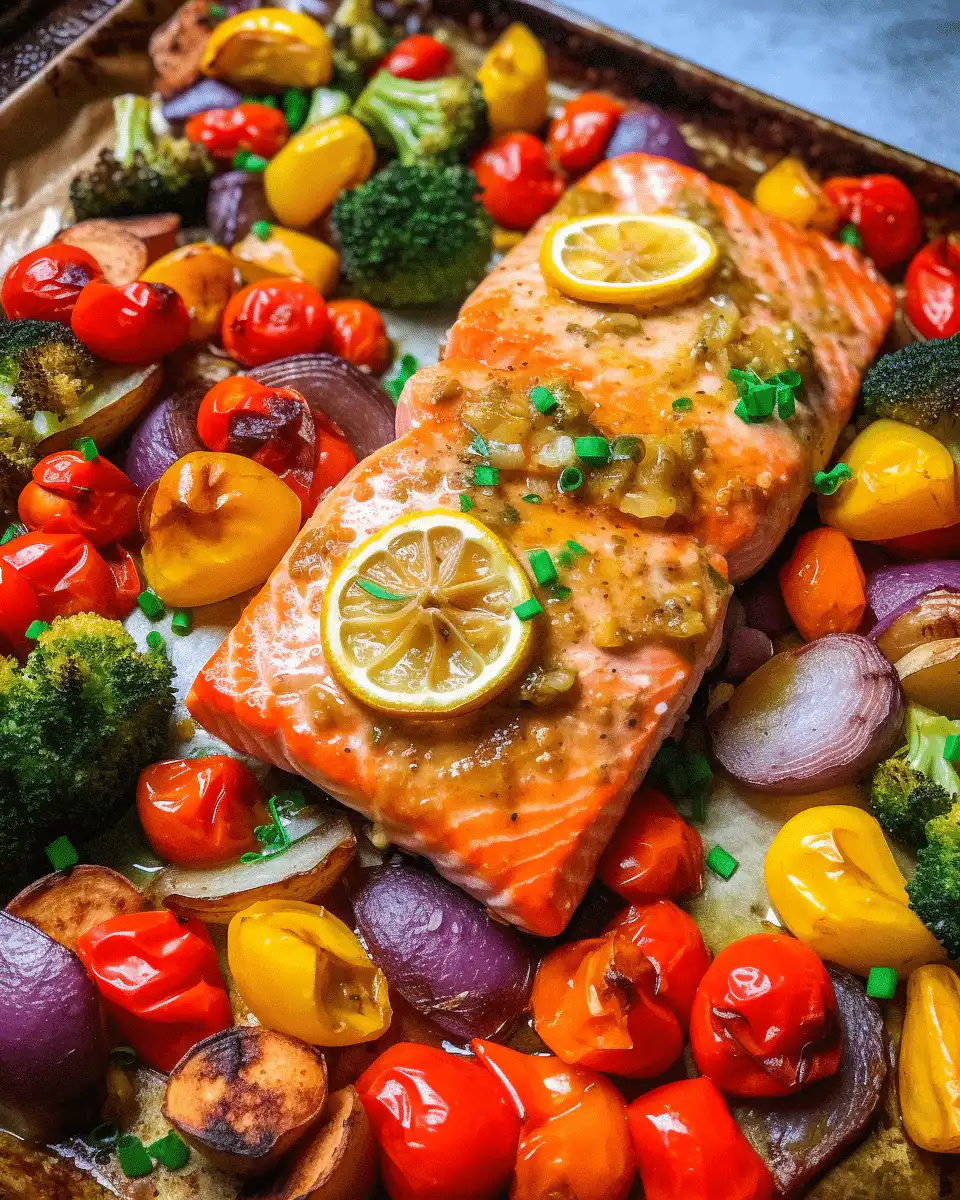 One-pan garlic butter salmon roasted with carrots, green beans, and lemon