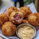 Crispy Reuben balls ready to serve with dipping sauce.