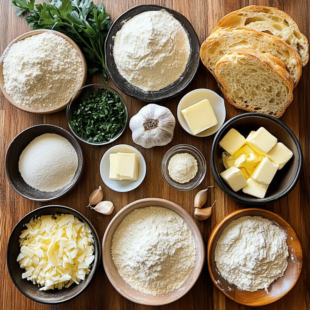 Ingredients for sourdough garlic pull apart bread