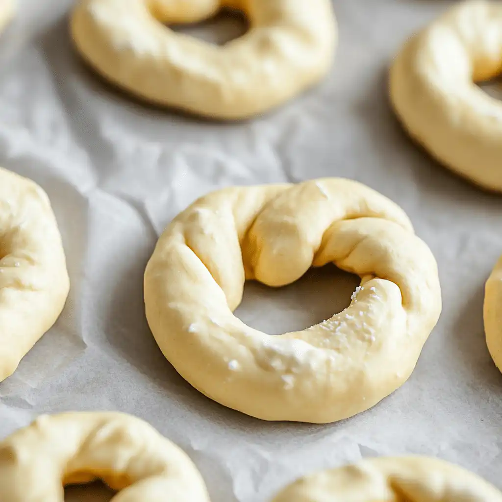 Shaped sourdough discard pretzels before baking