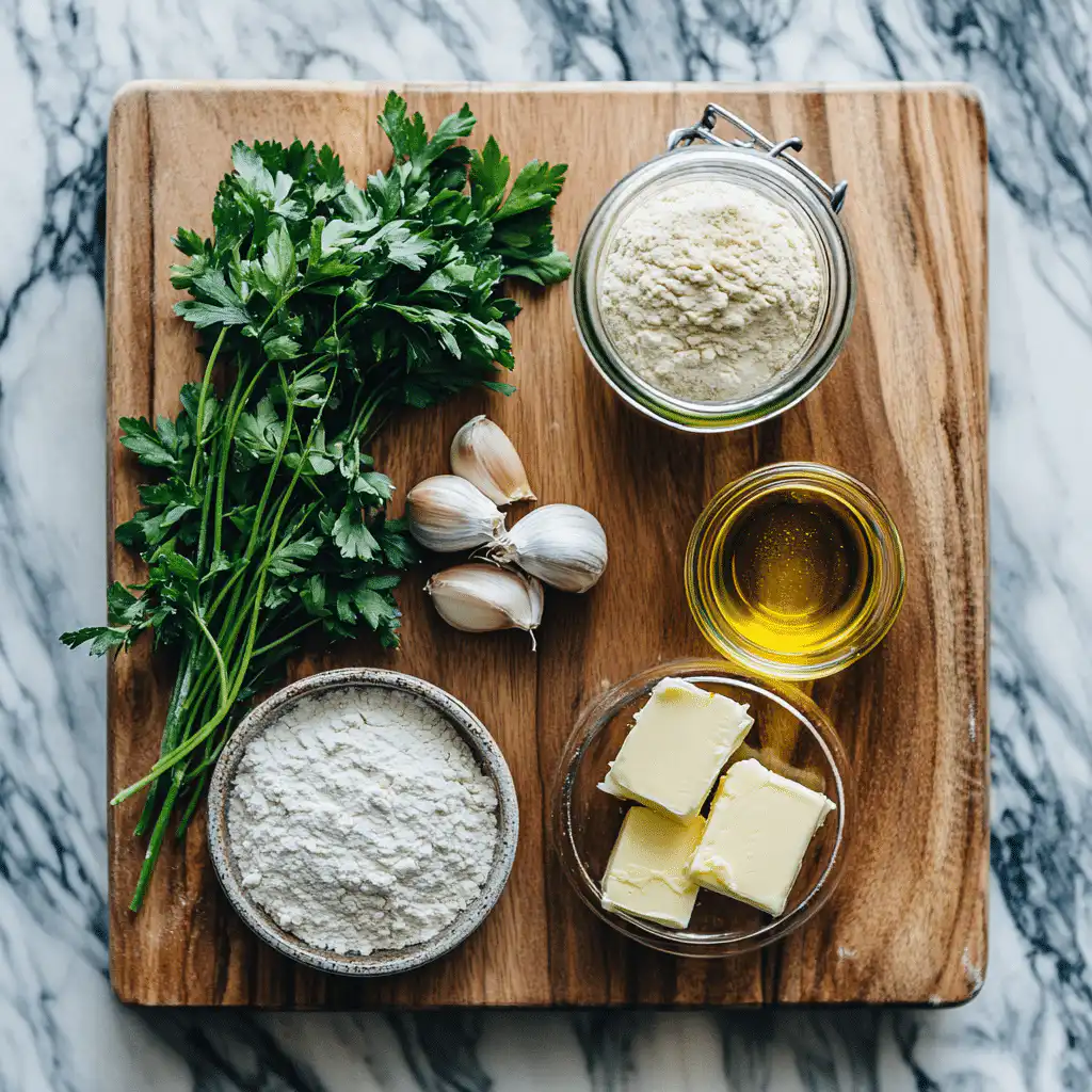 sourdough garlic knot ingredients flat lay