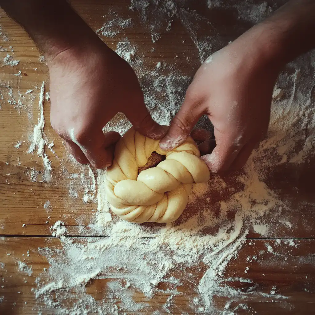 Tying sourdough garlic knots by hand