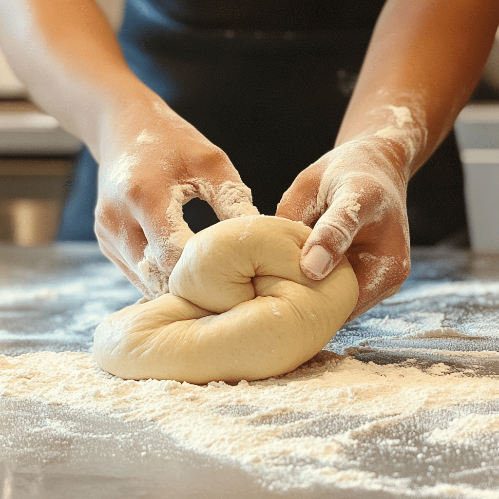 Kneading sourdough discard pretzel dough