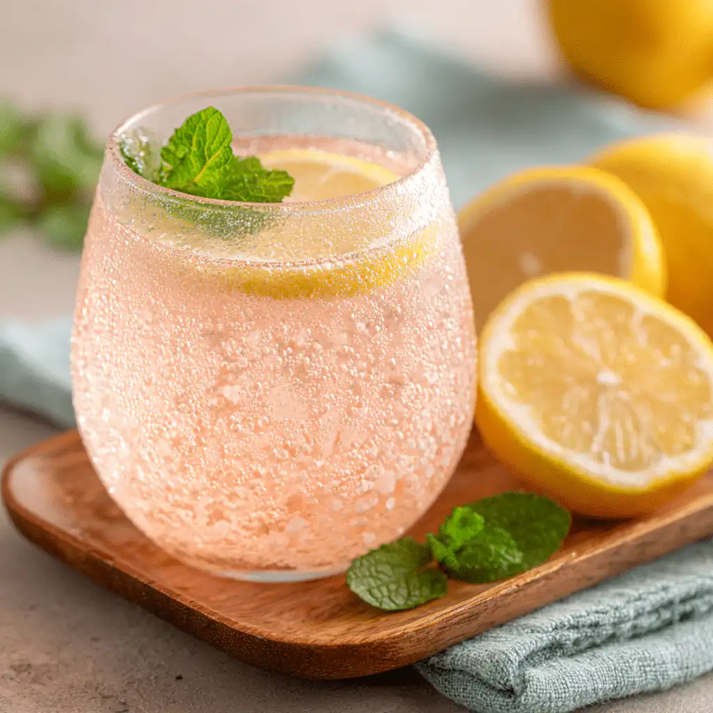 Served pink salt and lemon wellness drink