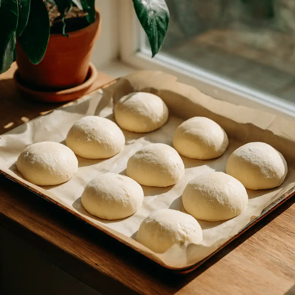 shaped sourdough buns proofing on tray