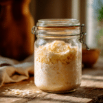 Sourdough starter with potato flakes bubbling in jar