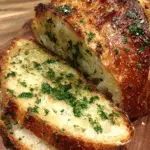 garlic herb sourdough bread on rustic wooden board