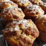 sourdough discard apple muffins cooling on a wooden surface