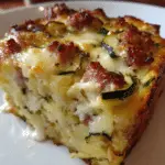 Sourdough zucchini slice with cheese and ham on rustic board