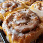 Pumpkin sourdough cinnamon rolls fresh from the oven with cream cheese frosting