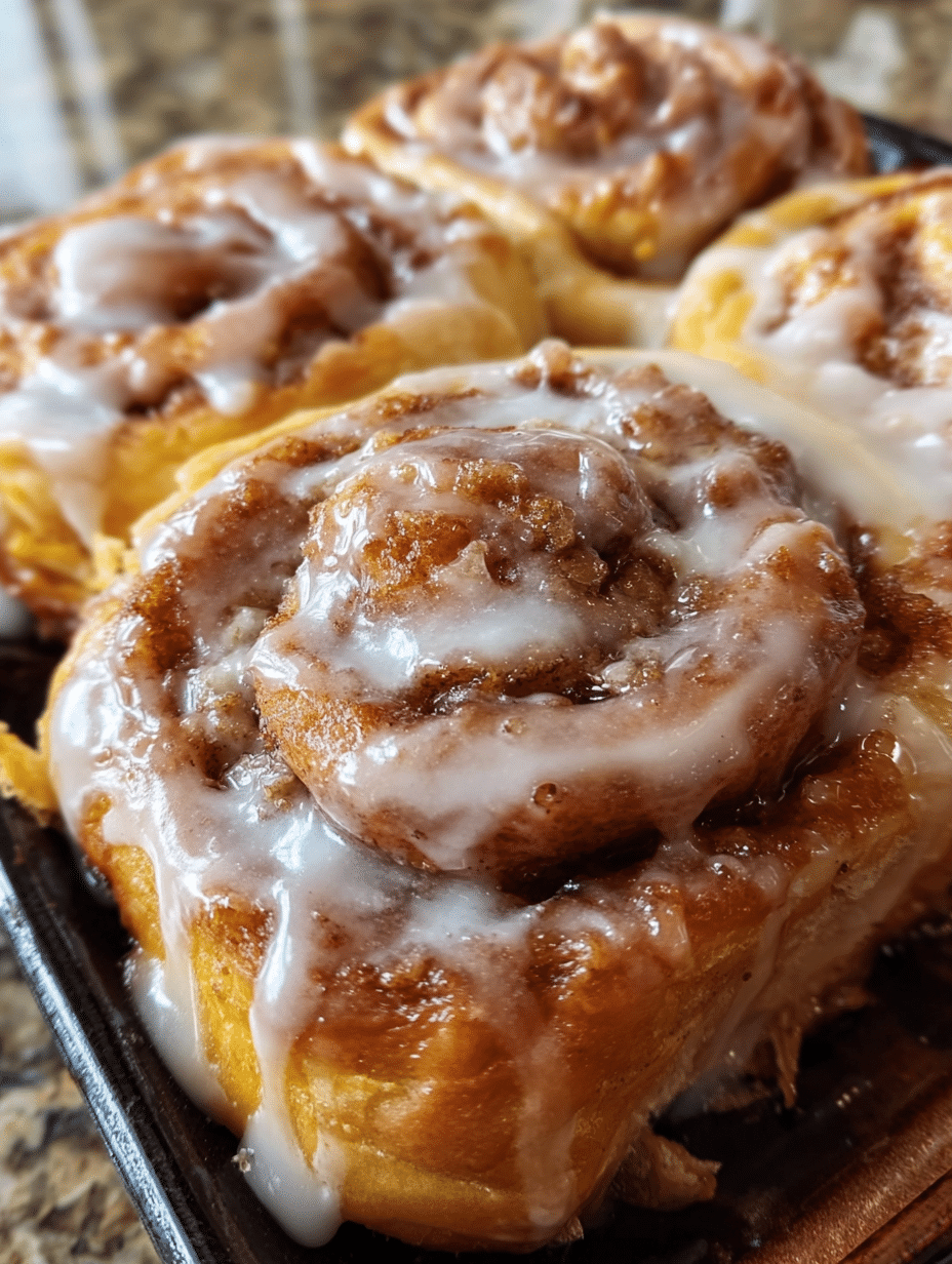 Pumpkin sourdough cinnamon rolls fresh from the oven with cream cheese frosting
