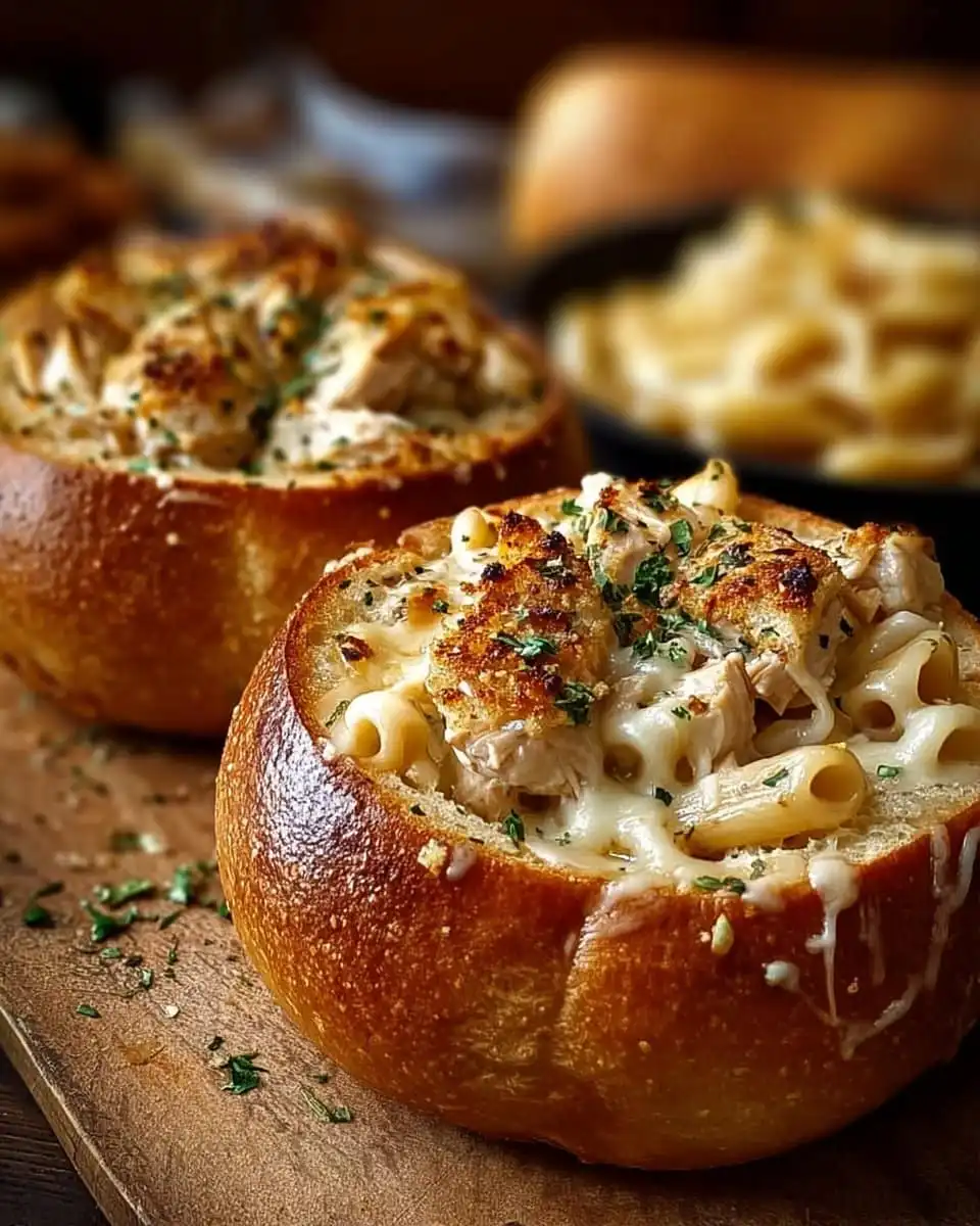 Chicken Alfredo Garlic Bread Bowls