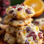 Cranberry orange cookies on rustic tray in cozy winter kitchen