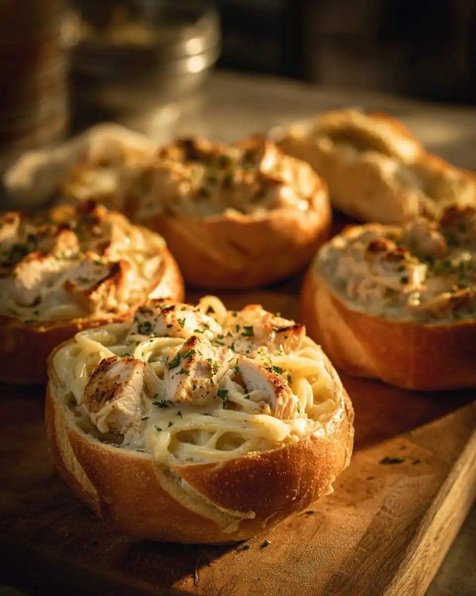 Chicken Alfredo Garlic Bread Bowls