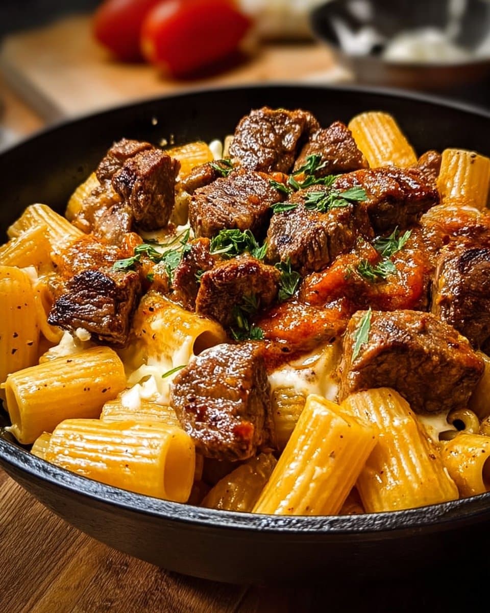 Cajun Steak Tips with Cheesy Rigatoni