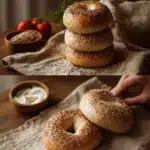 Freshly baked sourdough bagels on a wooden board