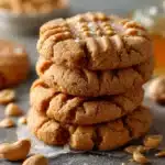 Golden brown sourdough discard peanut butter cookies on a rustic table