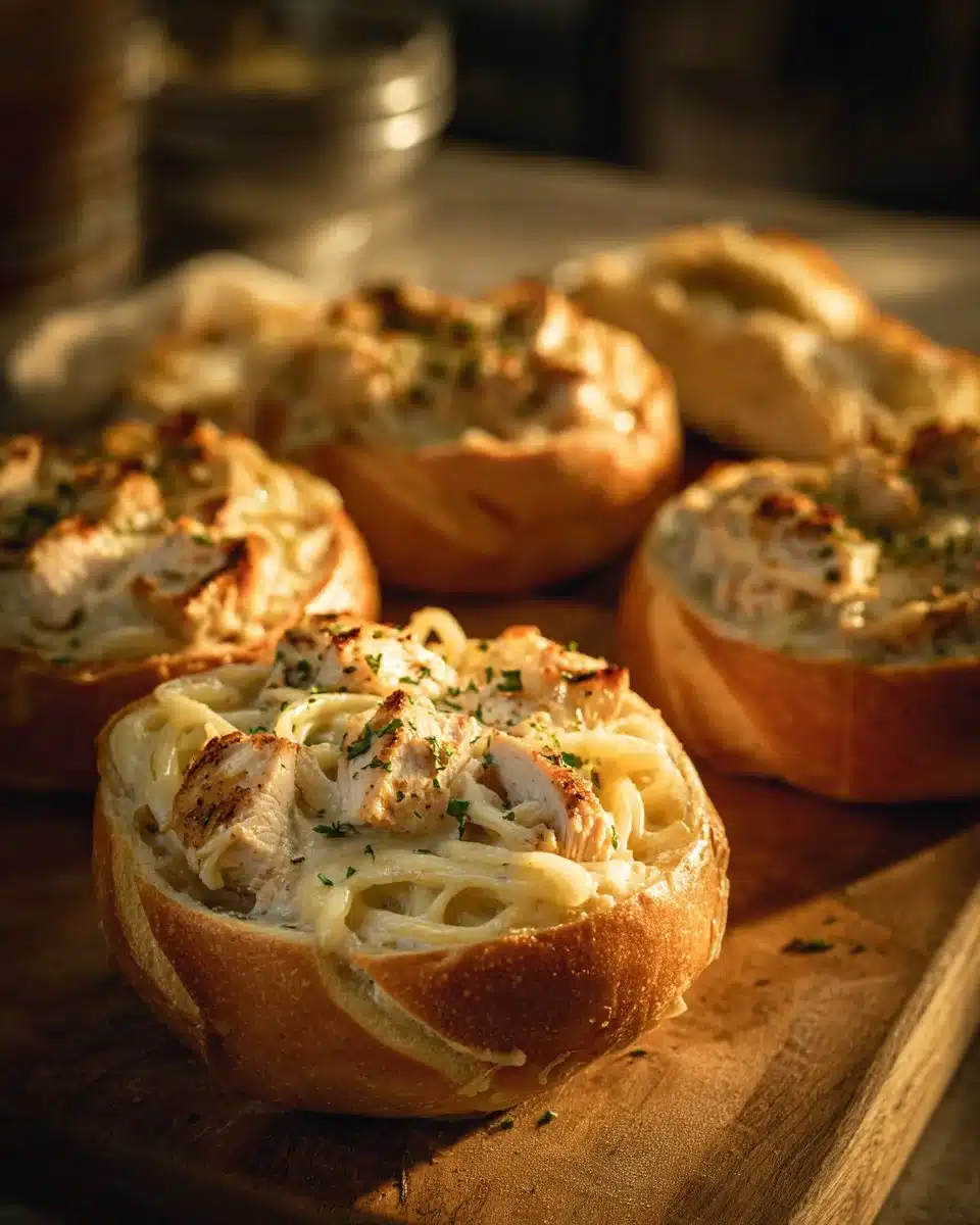 Chicken Alfredo Garlic Bread Bowls