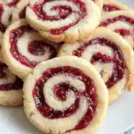 Raspberry swirl shortbread cookies on rustic tray