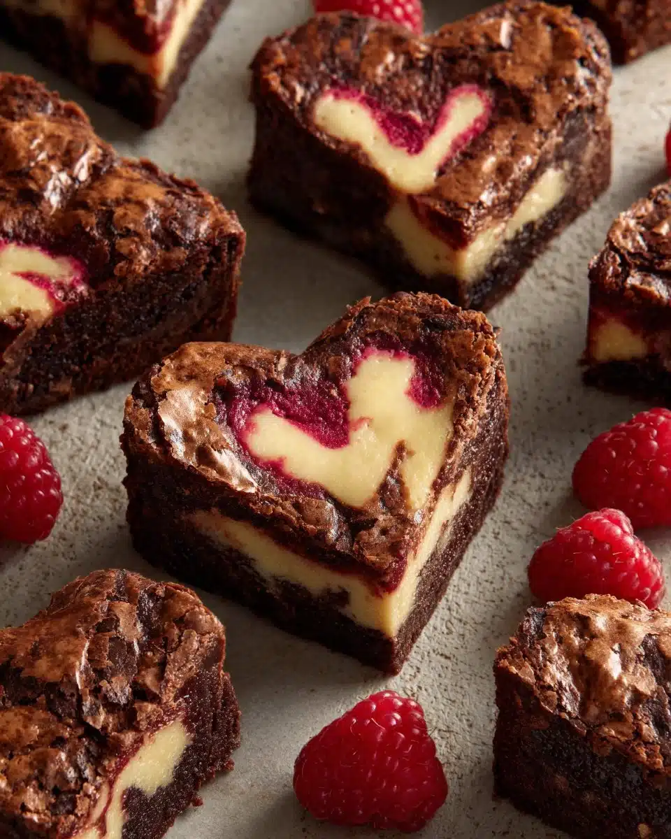 Heart Shaped Brownies with Raspberry Swirl and Cheesecake Topping