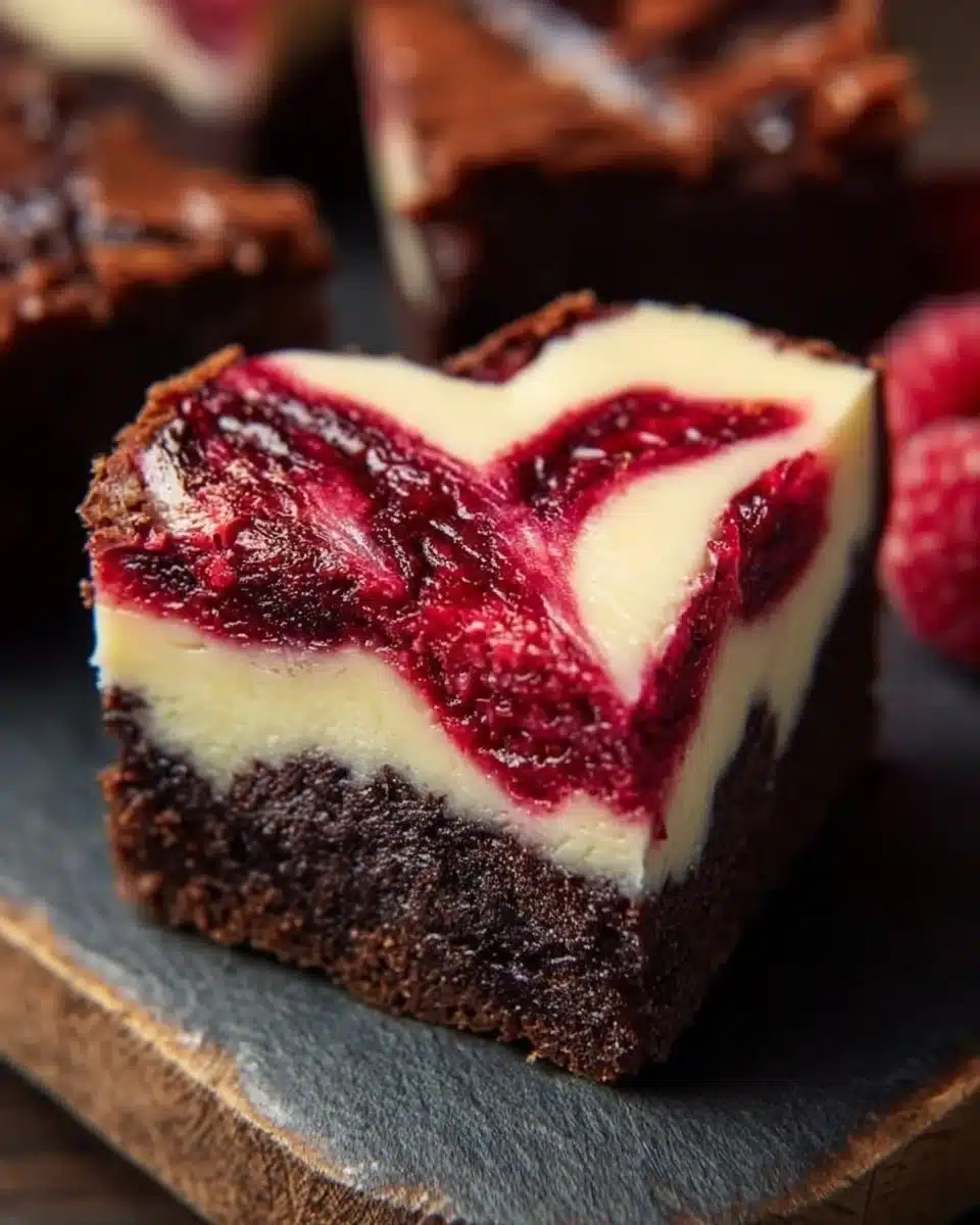 Heart Shaped Brownies with Raspberry Swirl and Cheesecake Topping