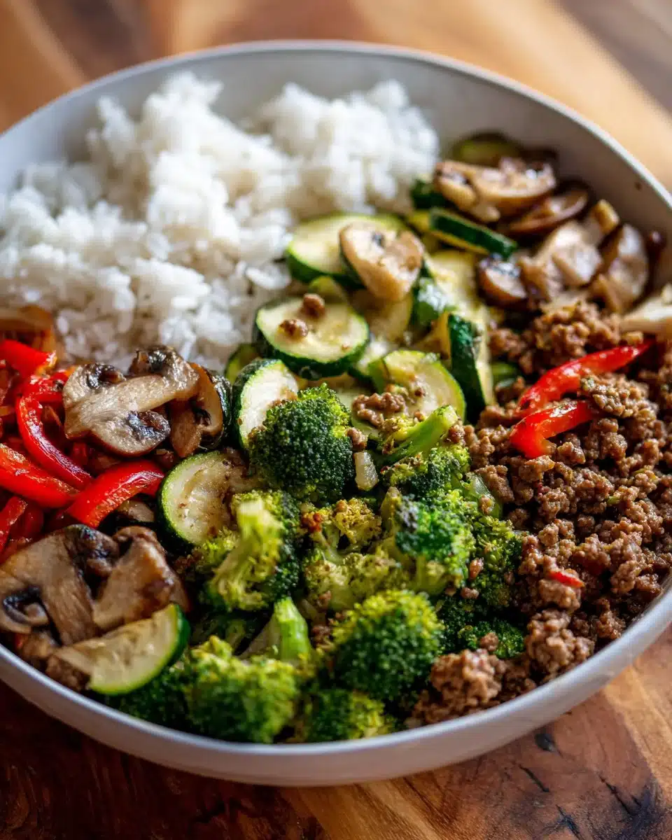 Spicy Ground Beef Stir-Fry Bowl with Garlic Veggies & Steamy Rice